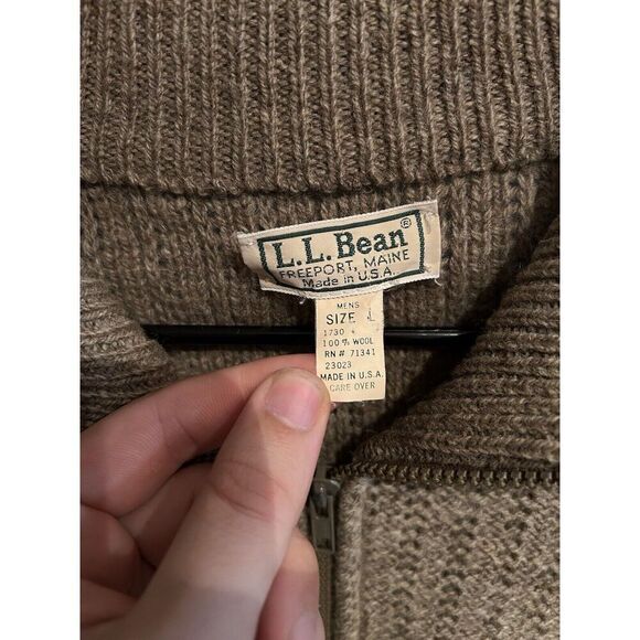 LL Bean Mens Large Made In Freeport Maine USA Beige Wool Full Zip Jacket - Picture 2 of 7